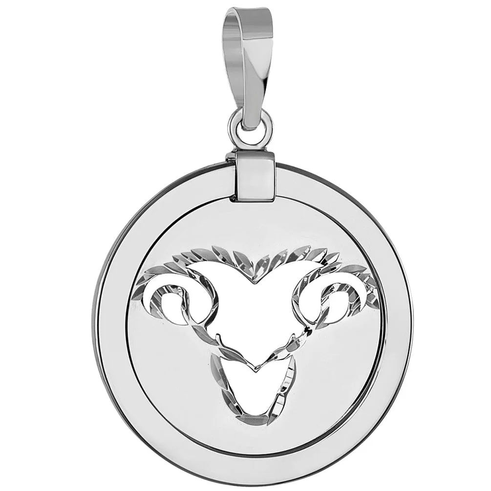 14k White Gold Round Aries Ram Zodiac Sign Animal Medallion Pendant (Reversible)