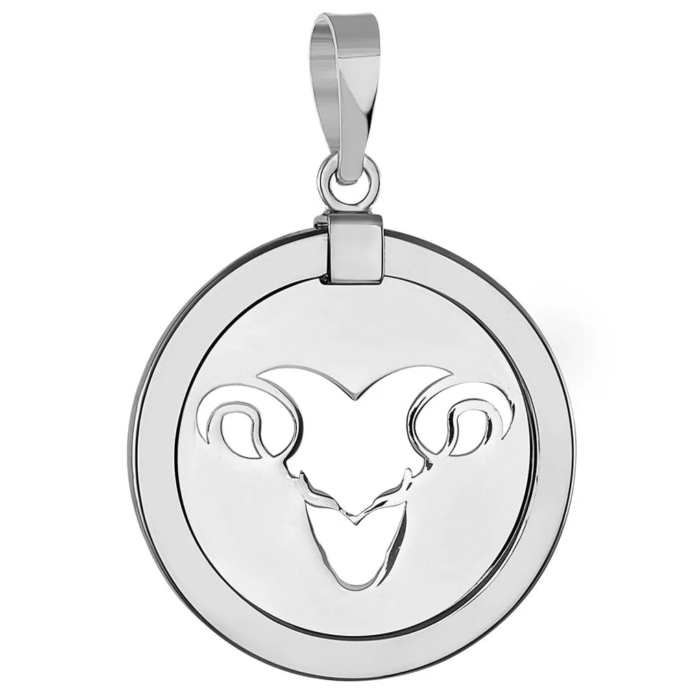 14k White Gold Round Aries Ram Zodiac Sign Animal Medallion Pendant (Reversible)