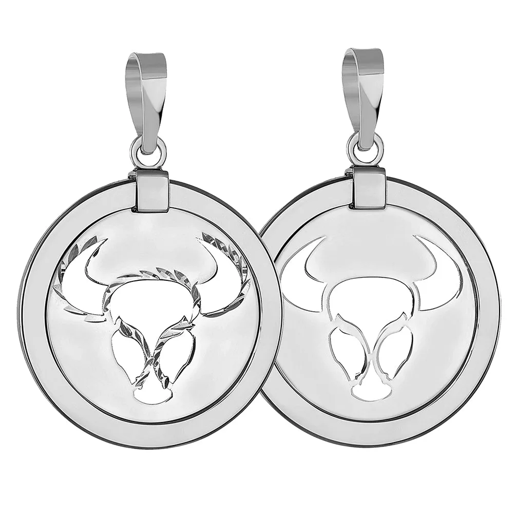 14k White Gold Round Taurus Zodiac Sign Bull Animal Medallion Pendant (Reversible)