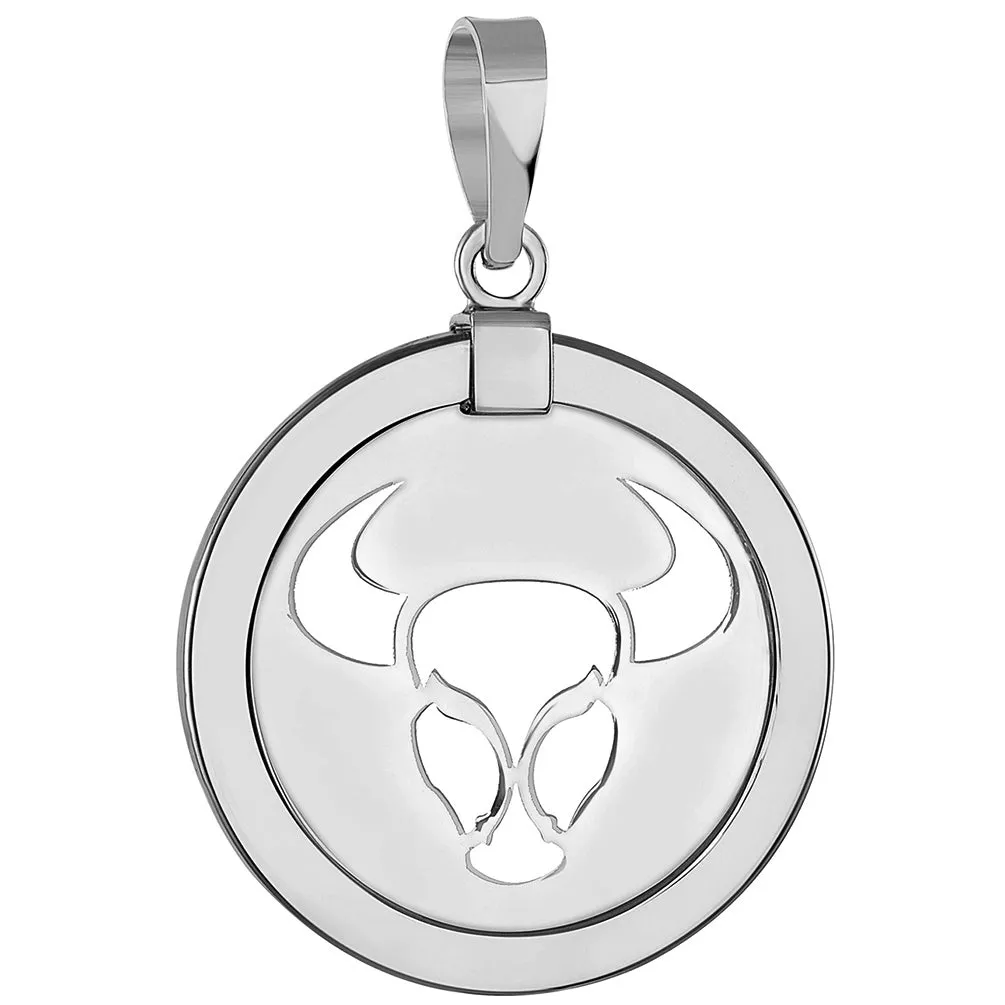 14k White Gold Round Taurus Zodiac Sign Bull Animal Medallion Pendant (Reversible)