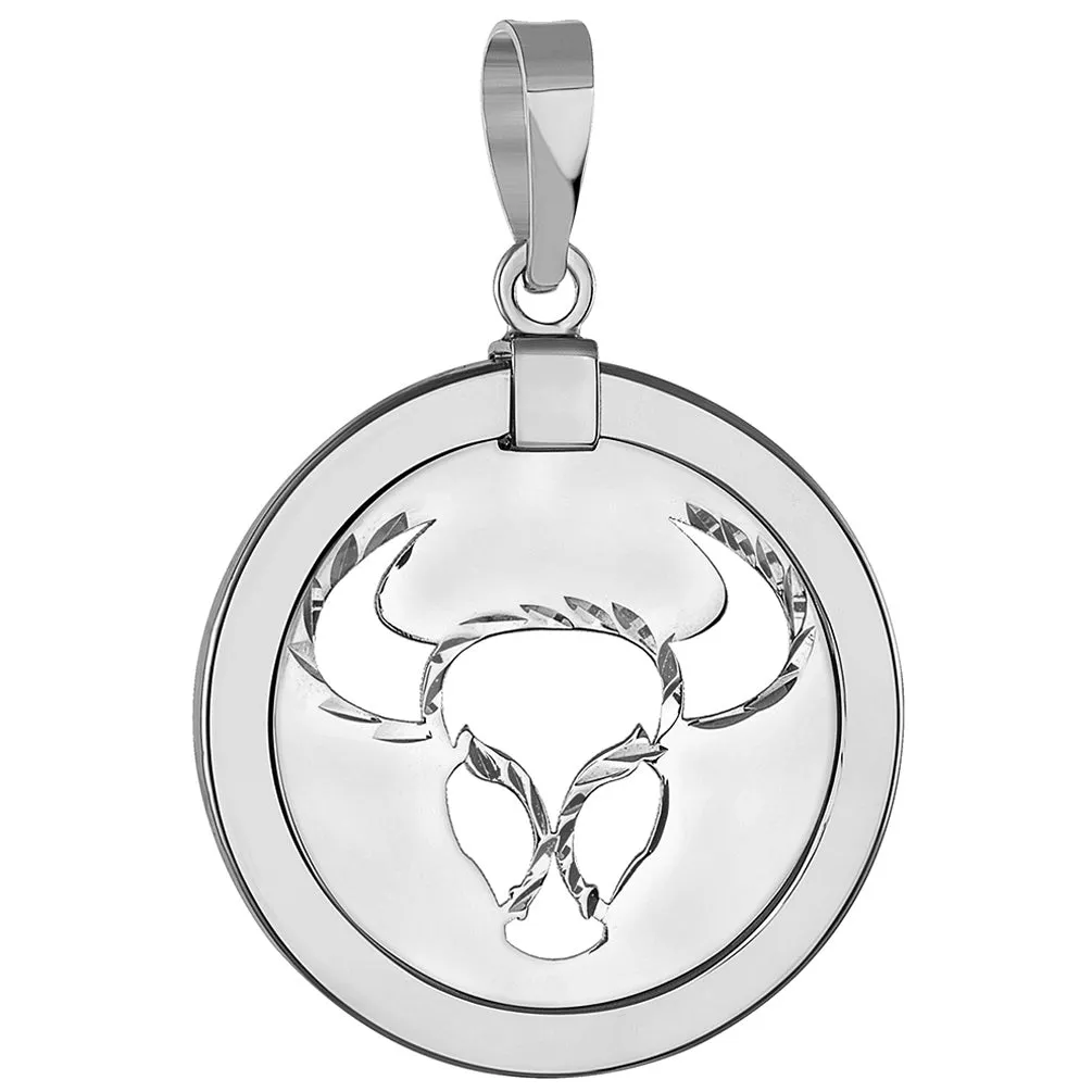 14k White Gold Round Taurus Zodiac Sign Bull Animal Medallion Pendant (Reversible)