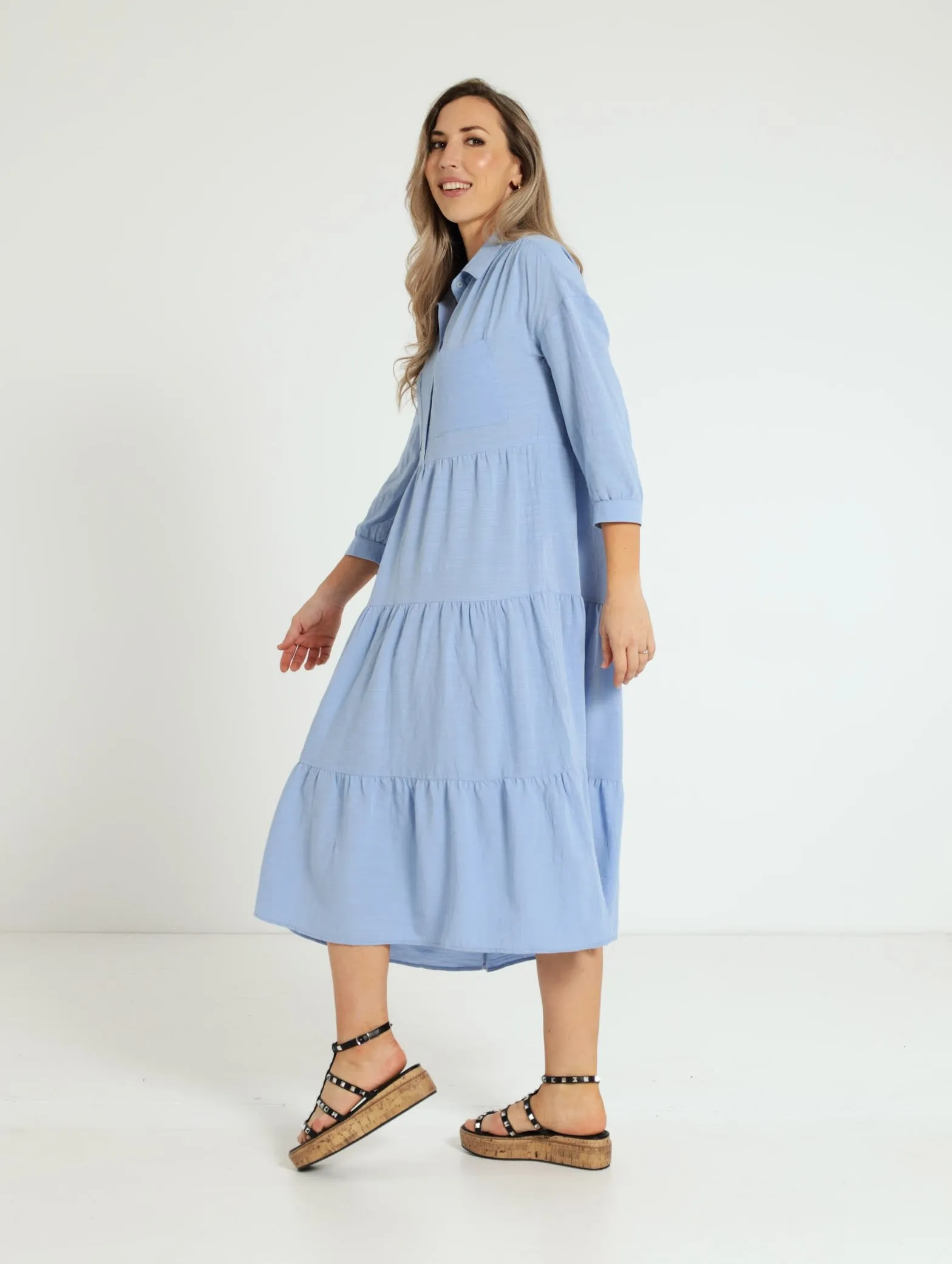 3/4 Sleeve Collared Tiered Midi Shirt Dress - Periwinkle