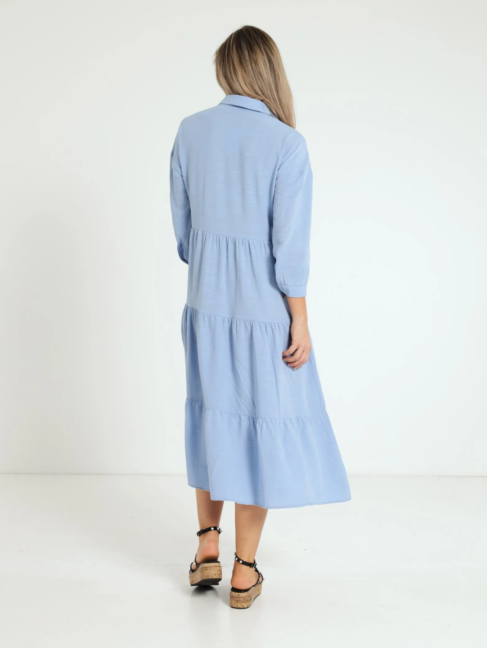 3/4 Sleeve Collared Tiered Midi Shirt Dress - Periwinkle