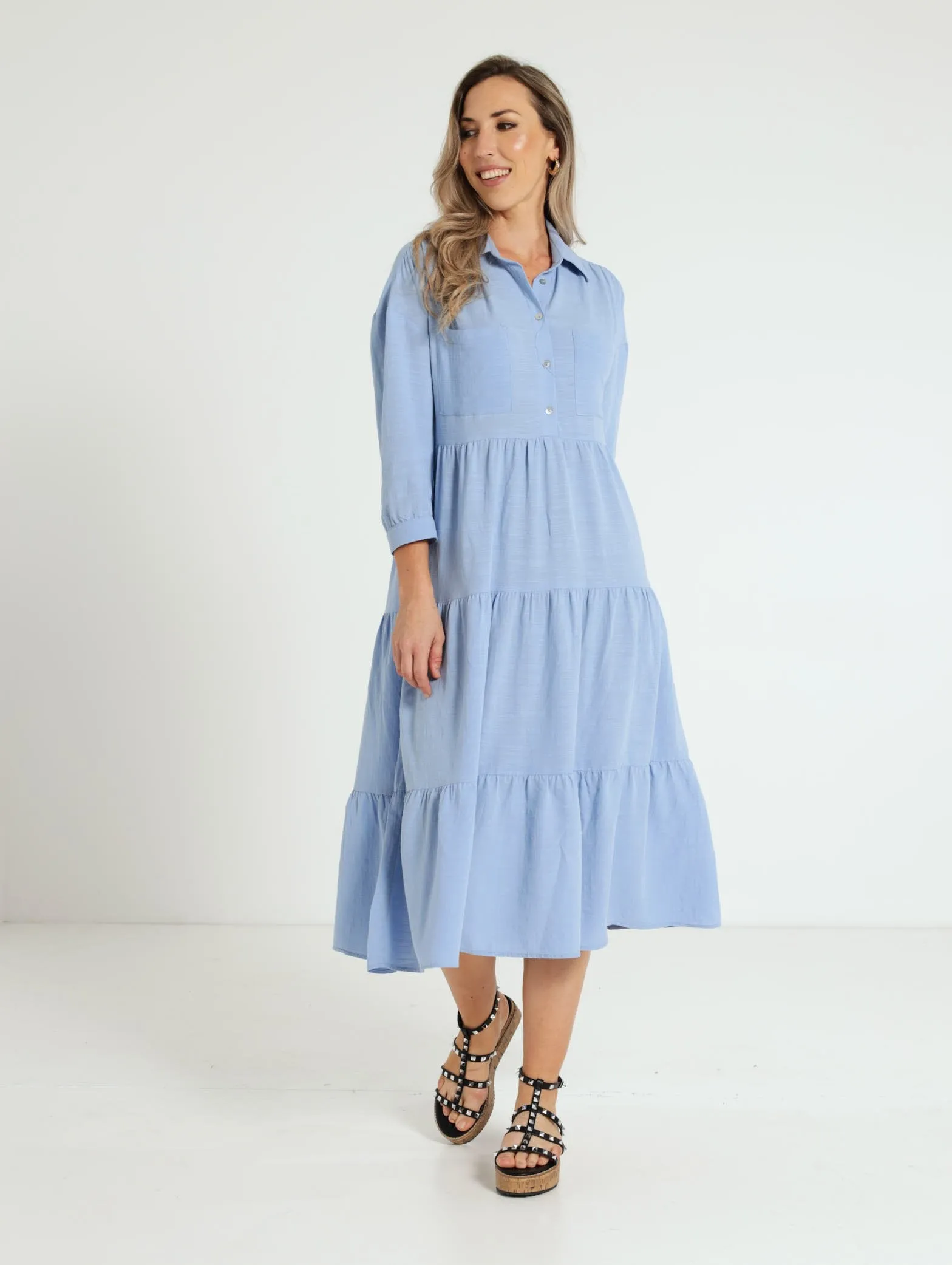 3/4 Sleeve Collared Tiered Midi Shirt Dress - Periwinkle