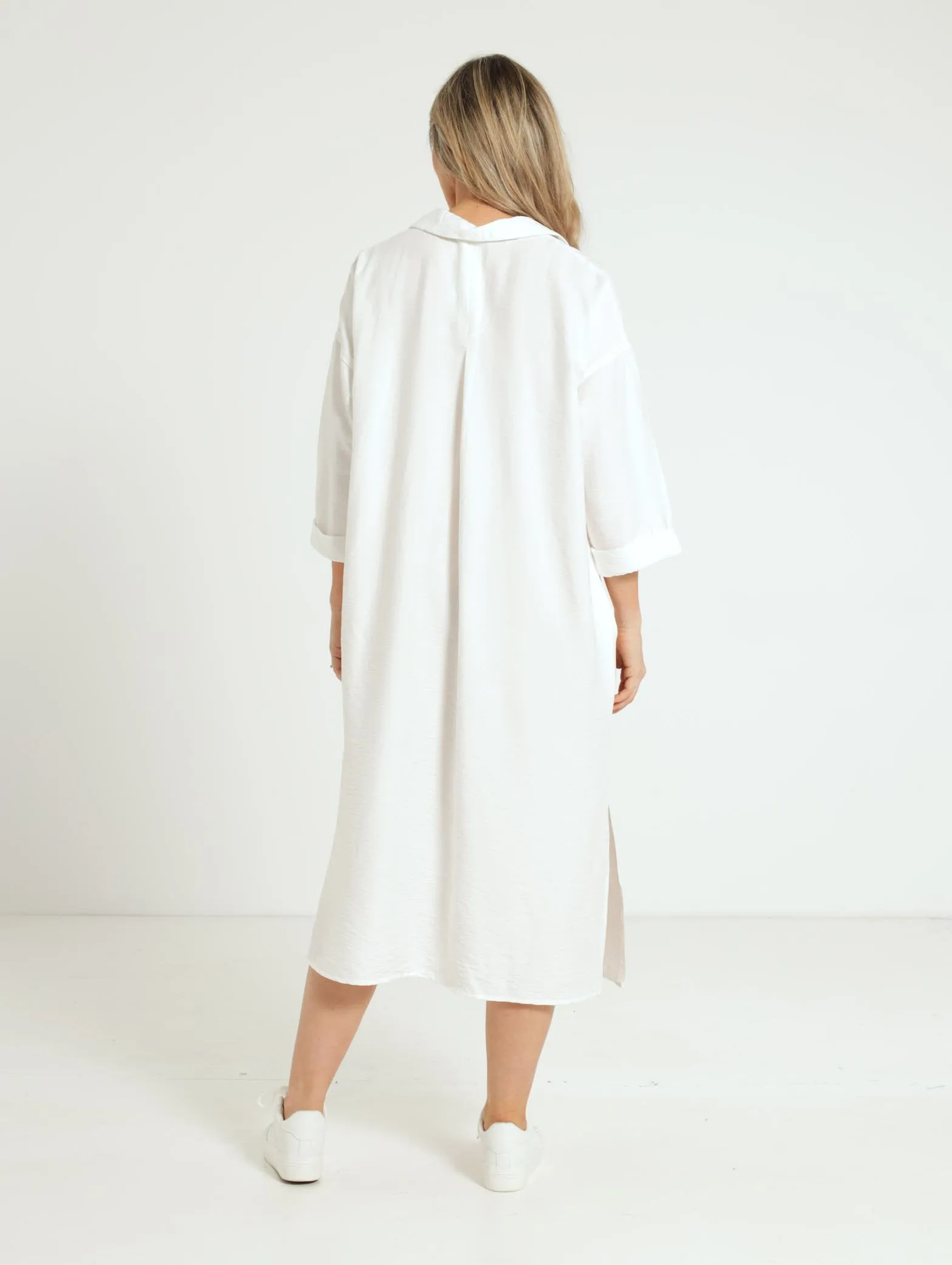 3/4 Sleeve Midi Shirt Dress - White