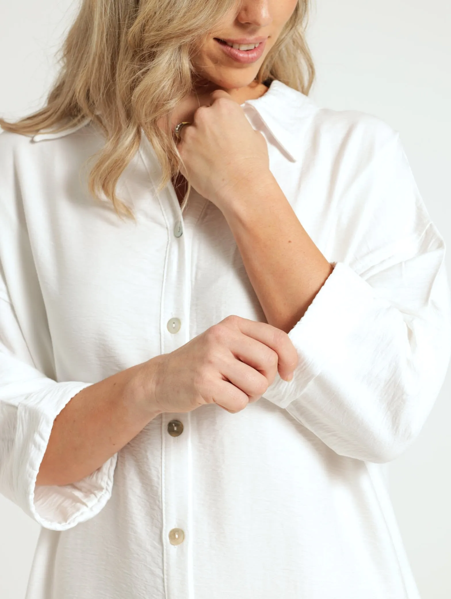 3/4 Sleeve Midi Shirt Dress - White