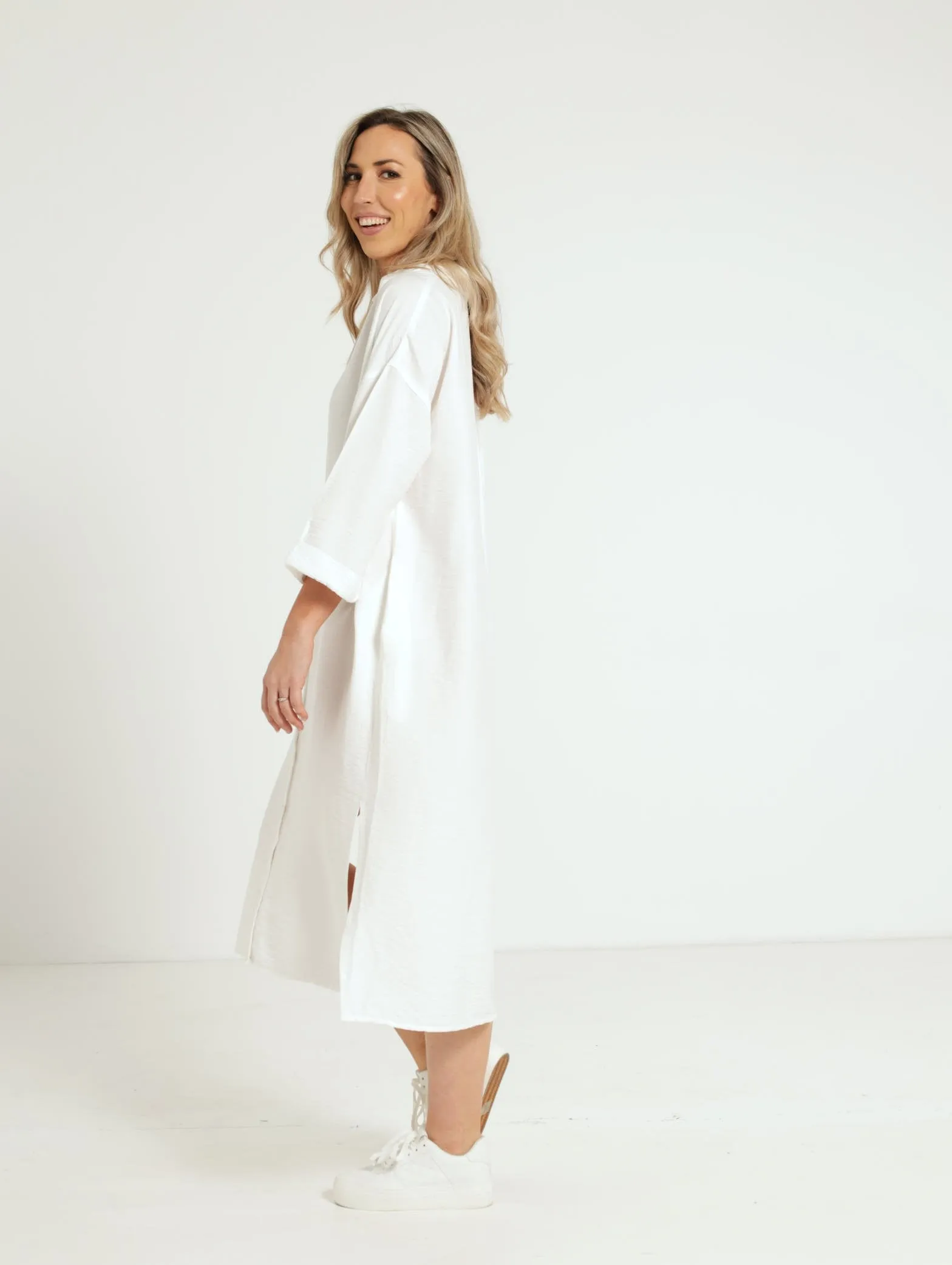 3/4 Sleeve Midi Shirt Dress - White