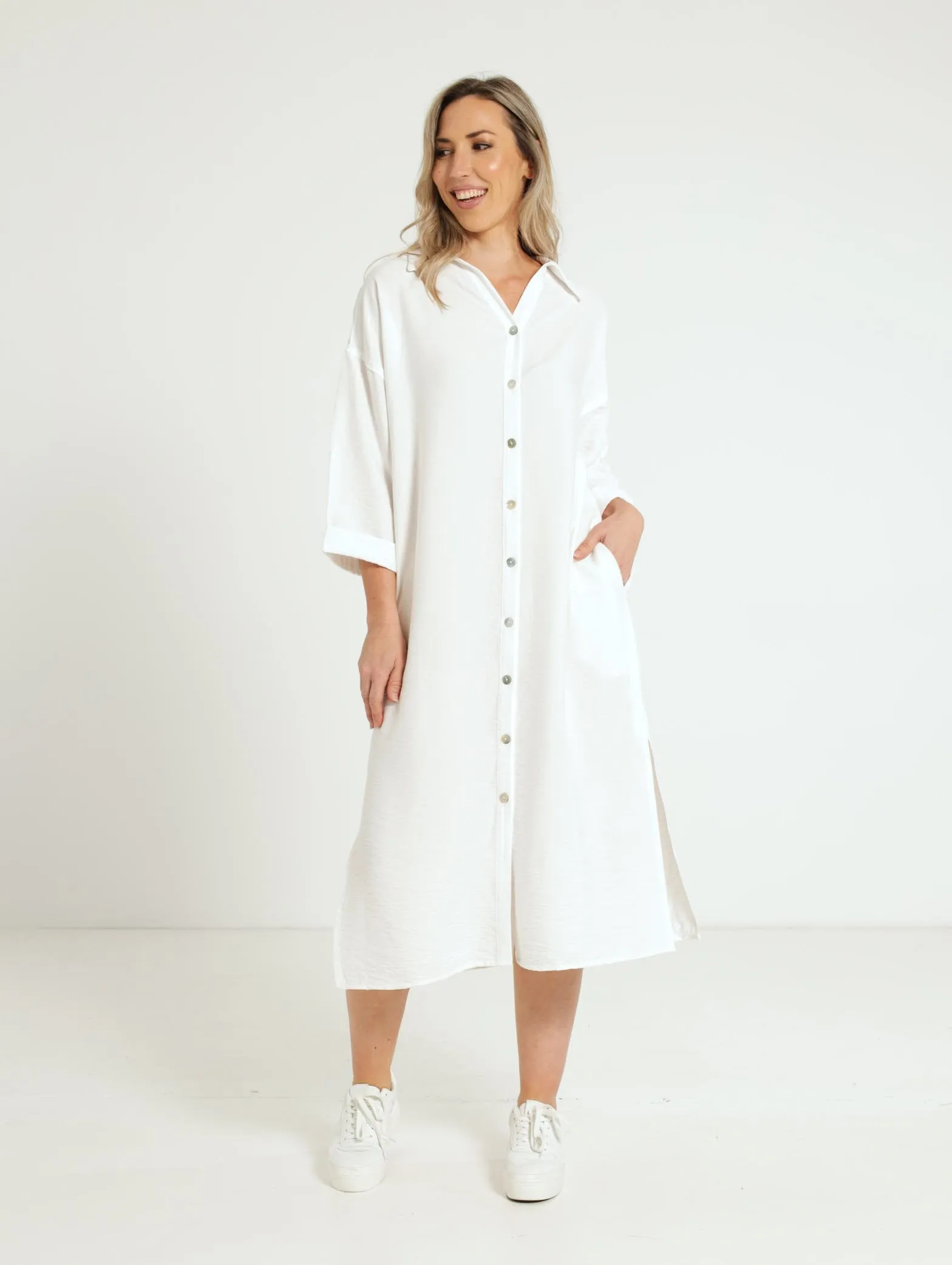 3/4 Sleeve Midi Shirt Dress - White