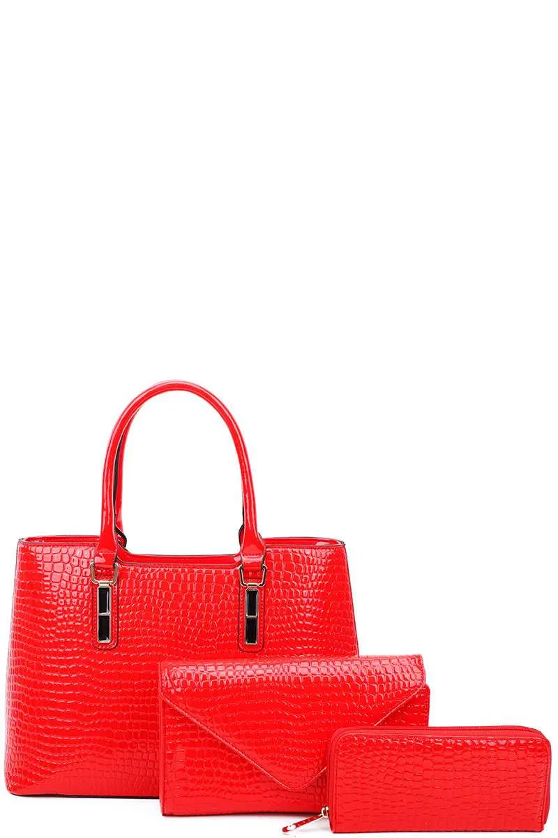 3in1 Glossy Croco Textured Satchel Clutch And Wallet Set