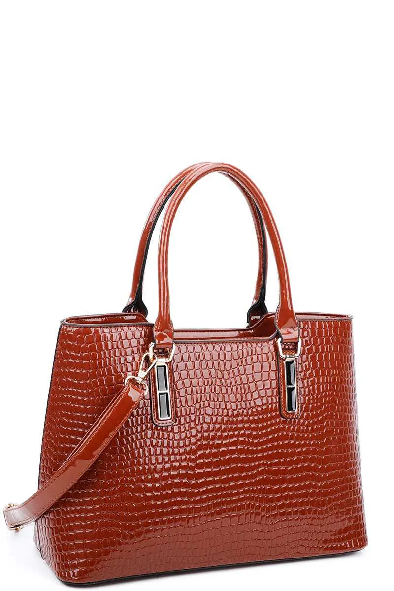 3in1 Glossy Croco Textured Satchel Clutch And Wallet Set