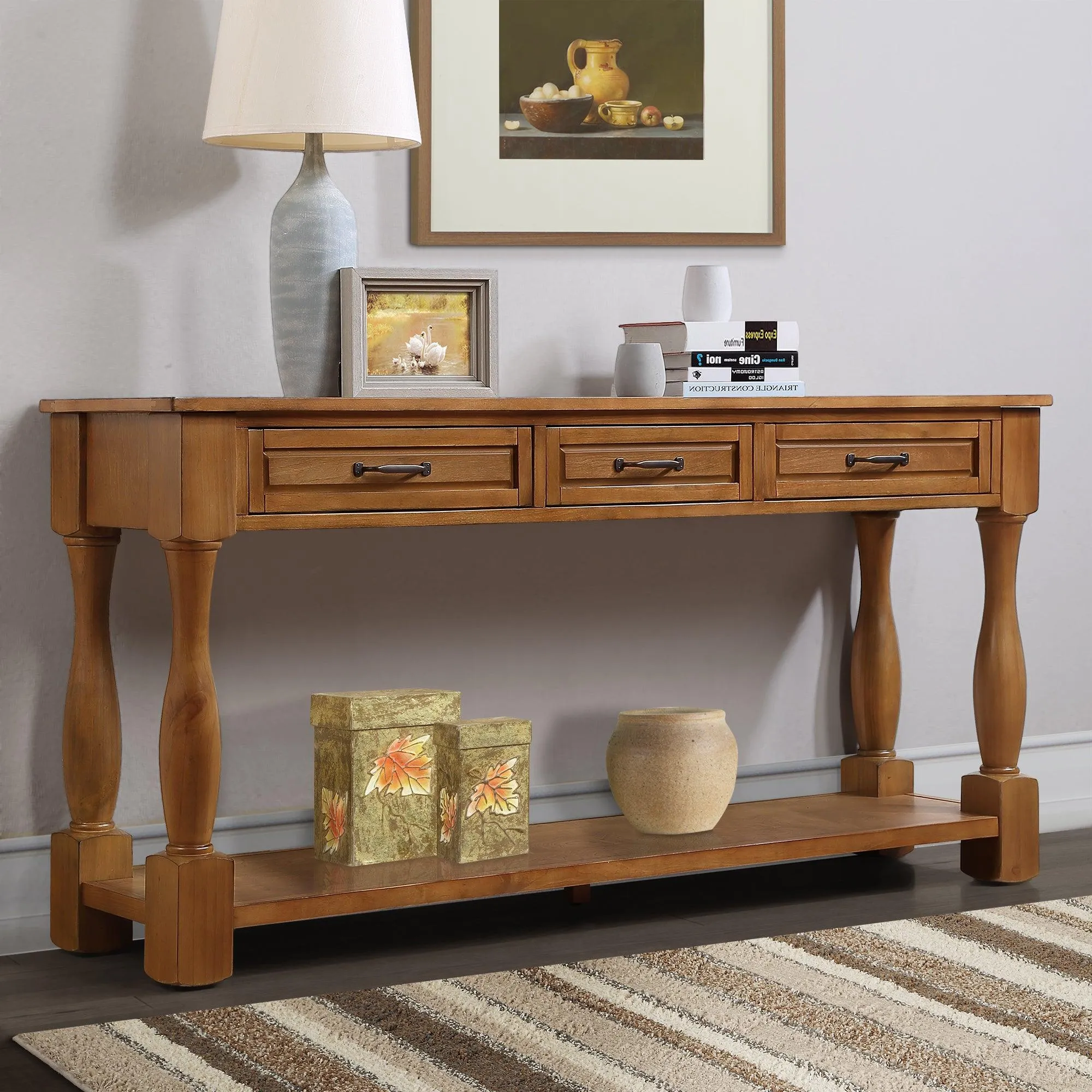 63" Wood Console Table with 3 Drawers and Bottom Shelf, Easy Assembly, Brown