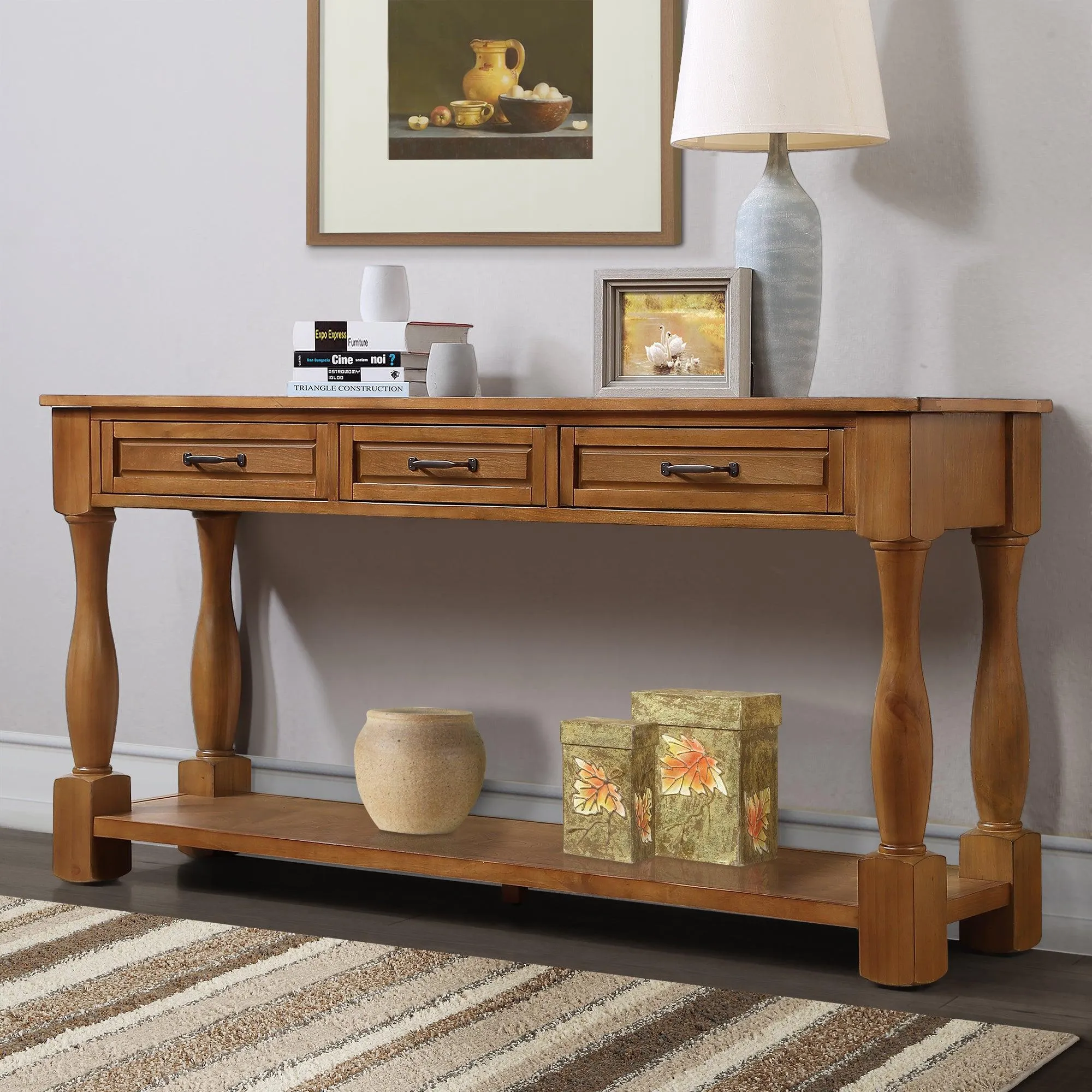 63" Wood Console Table with 3 Drawers and Bottom Shelf, Easy Assembly, Brown