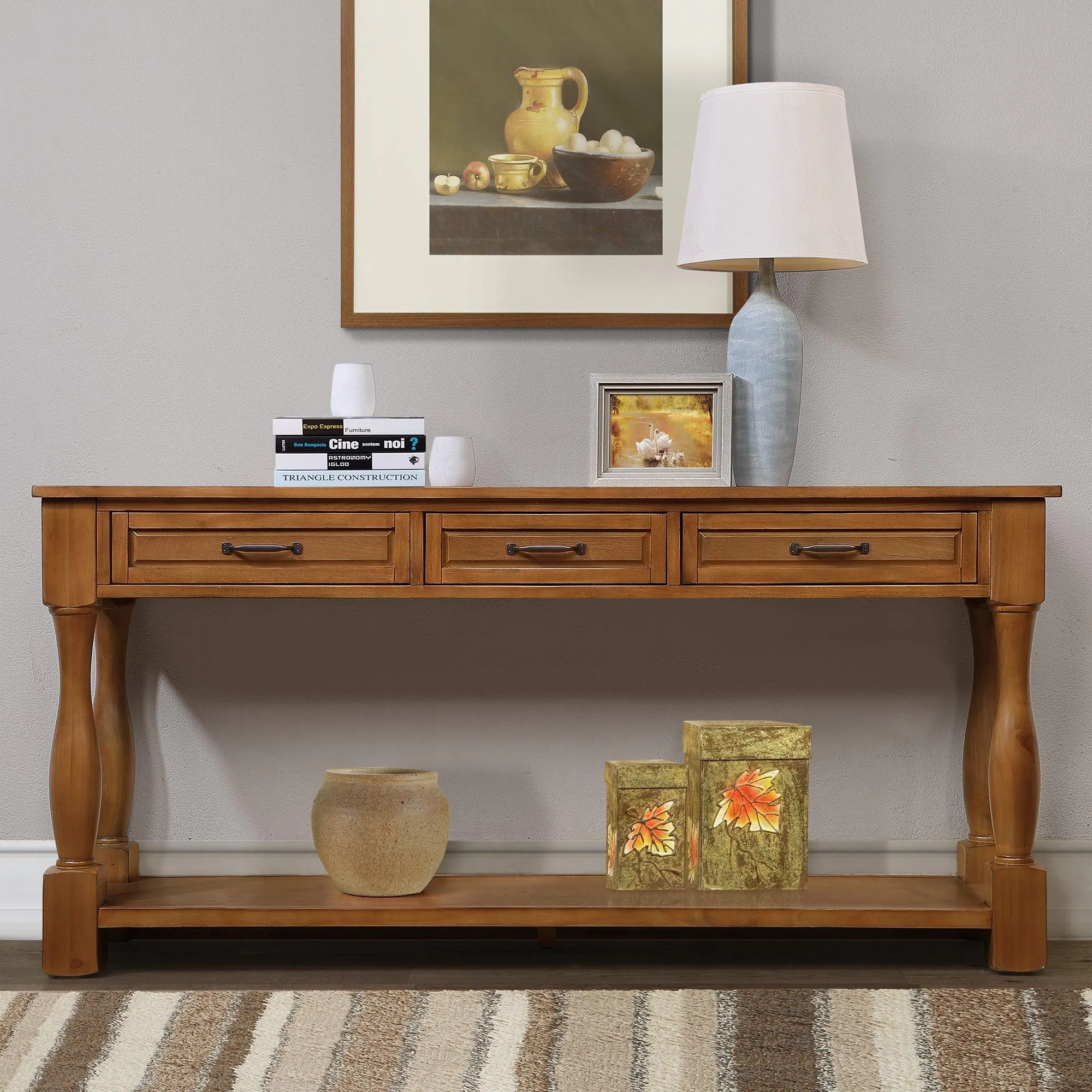 63" Wood Console Table with 3 Drawers and Bottom Shelf, Easy Assembly, Brown