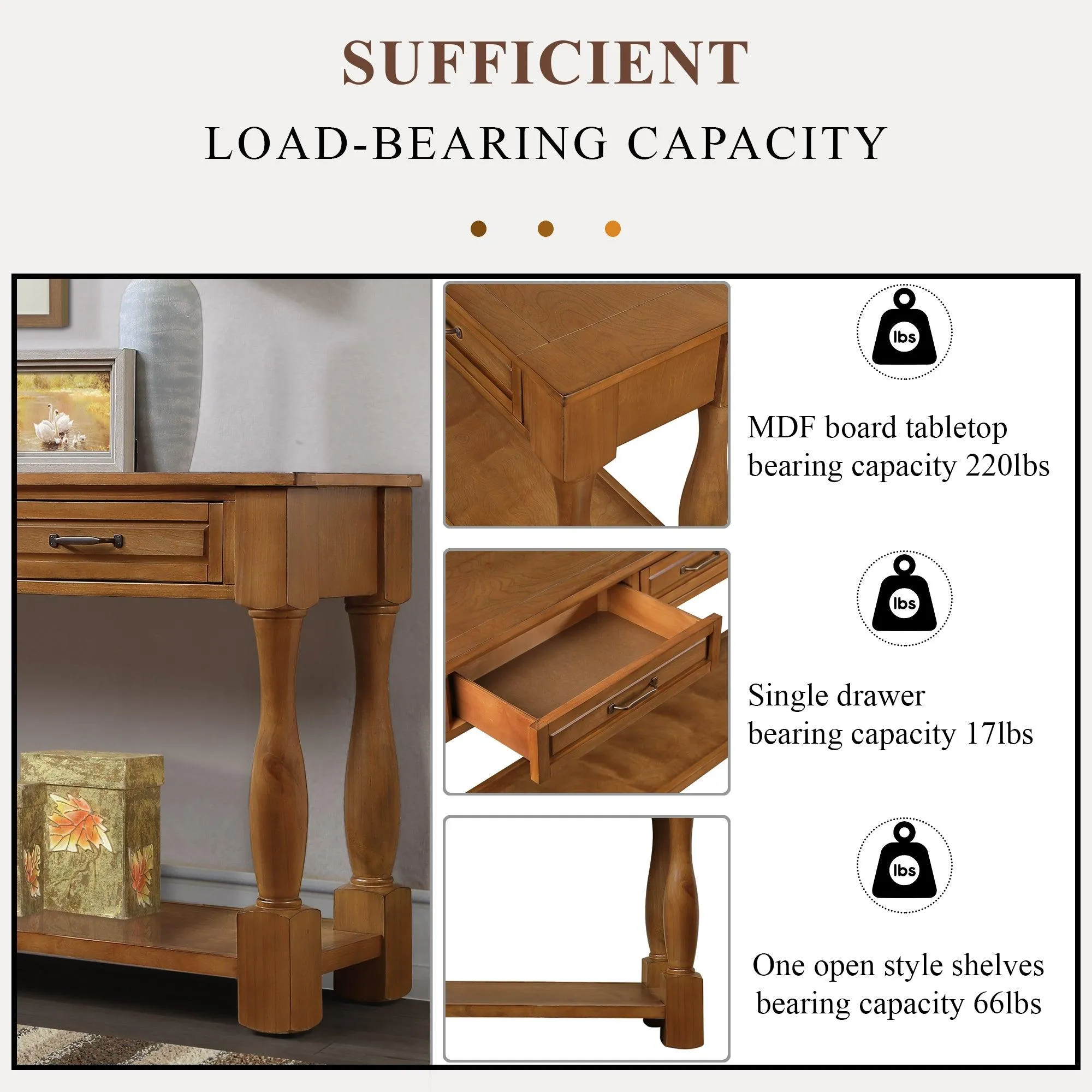 63" Wood Console Table with 3 Drawers and Bottom Shelf, Easy Assembly, Brown