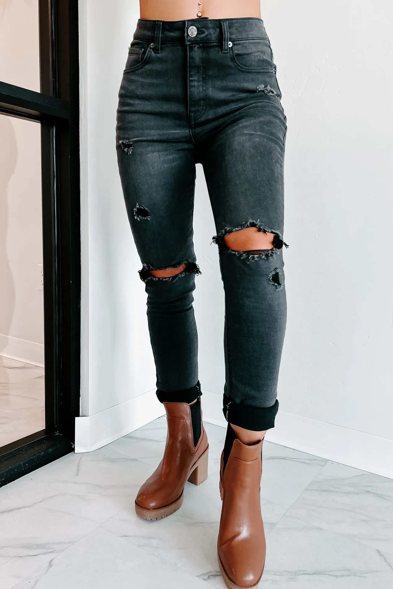 A Little Unstable High Rise Distressed Skinny Jeans (Grey)