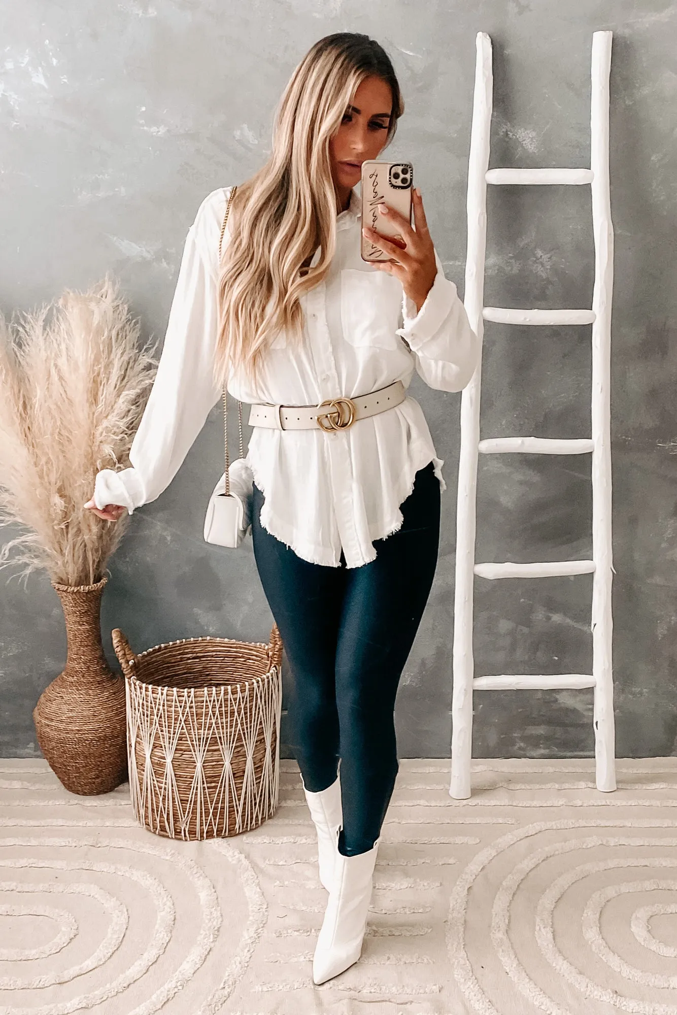 Add An Edge Raw Hem Button Down Tunic Top (Ivory)