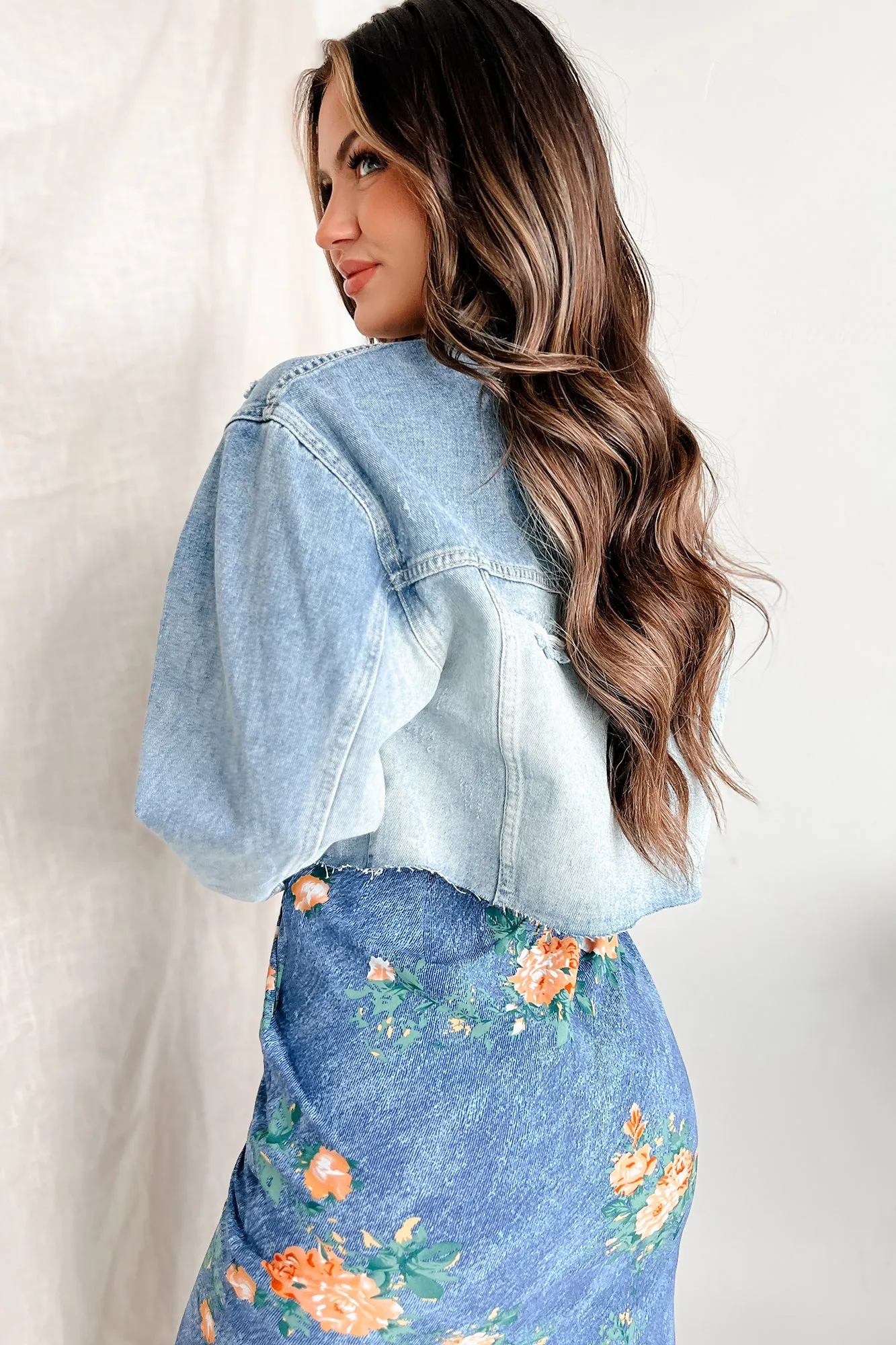 Ain't Looking For Love Half Wash Denim Crop Jacket (Blue)