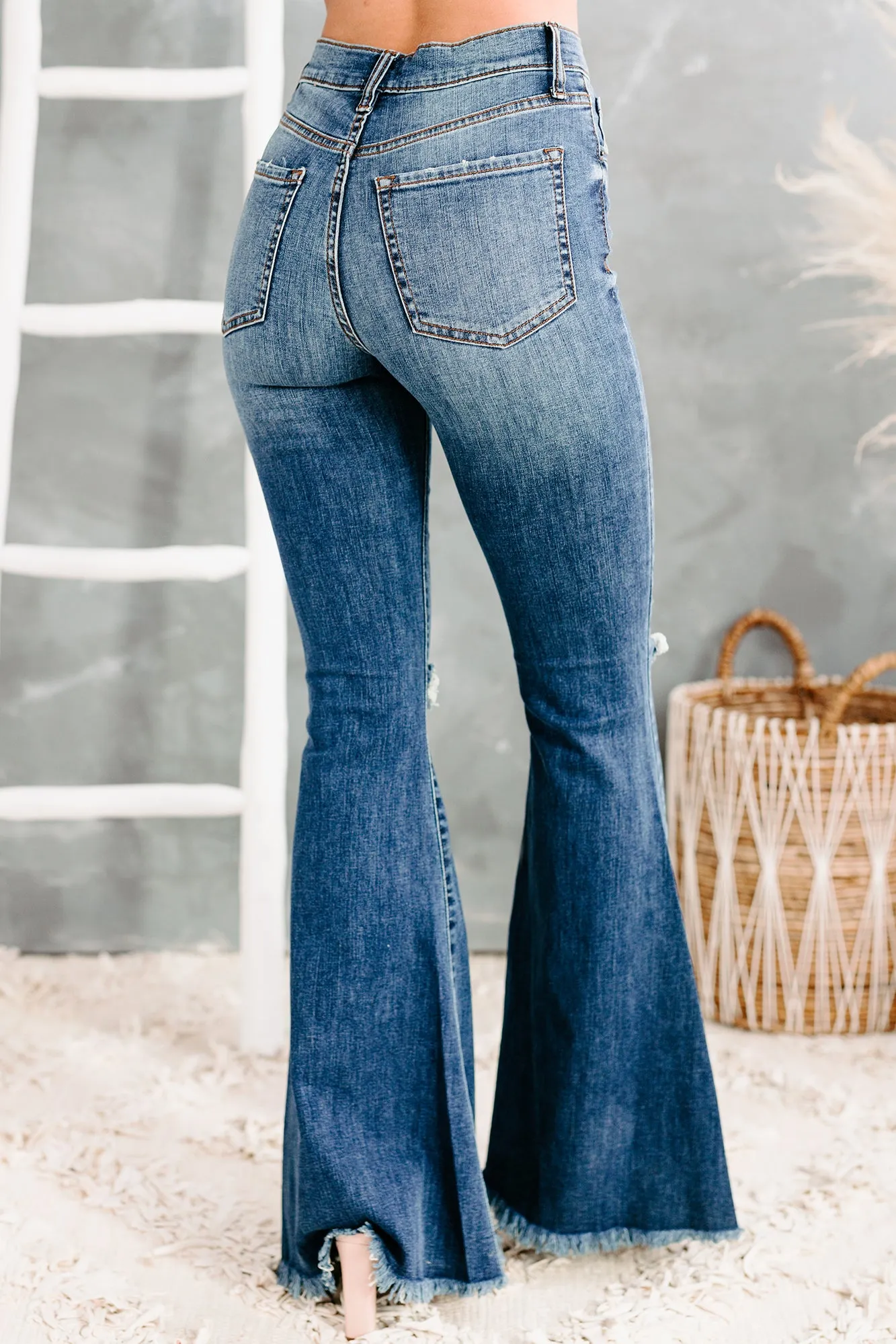 All Flared Up Distressed High Rise Flared Sneak Peek Jeans (Medium Dark)