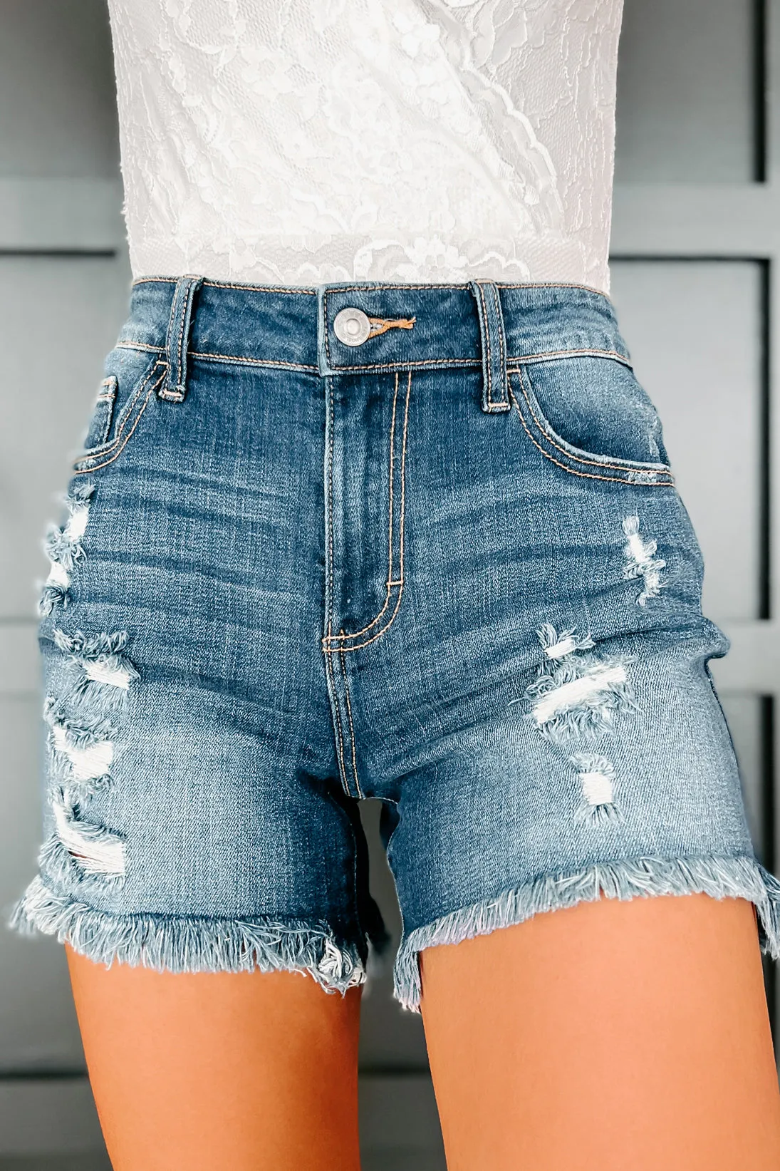 Always Grateful High Rise Distressed Cello Denim Shorts (Dark)