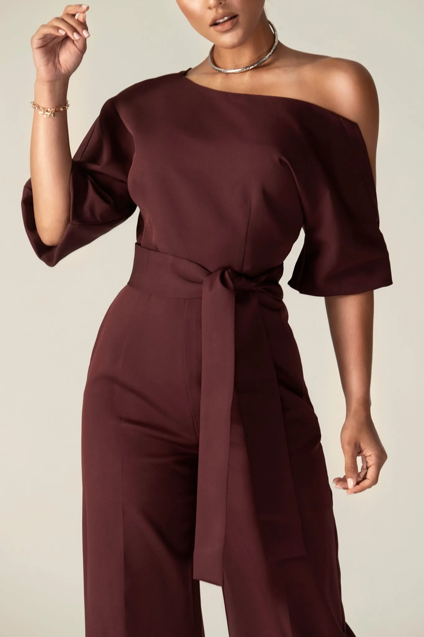 Ana Off Shoulder Belted Jumpsuit (Black Cherry)