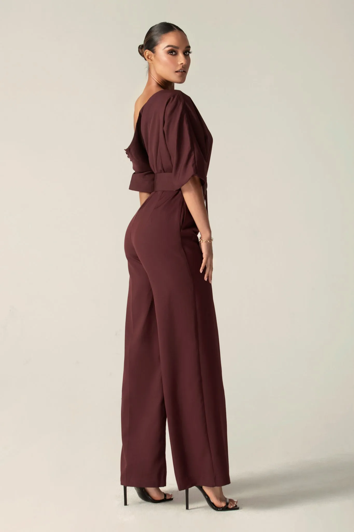 Ana Off Shoulder Belted Jumpsuit (Black Cherry)