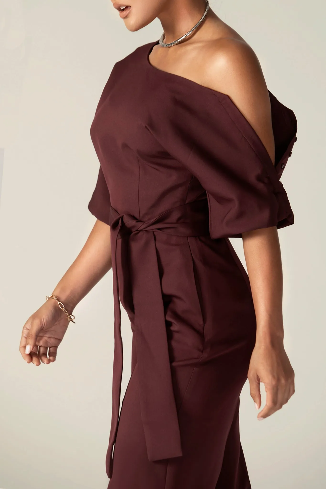 Ana Off Shoulder Belted Jumpsuit (Black Cherry)