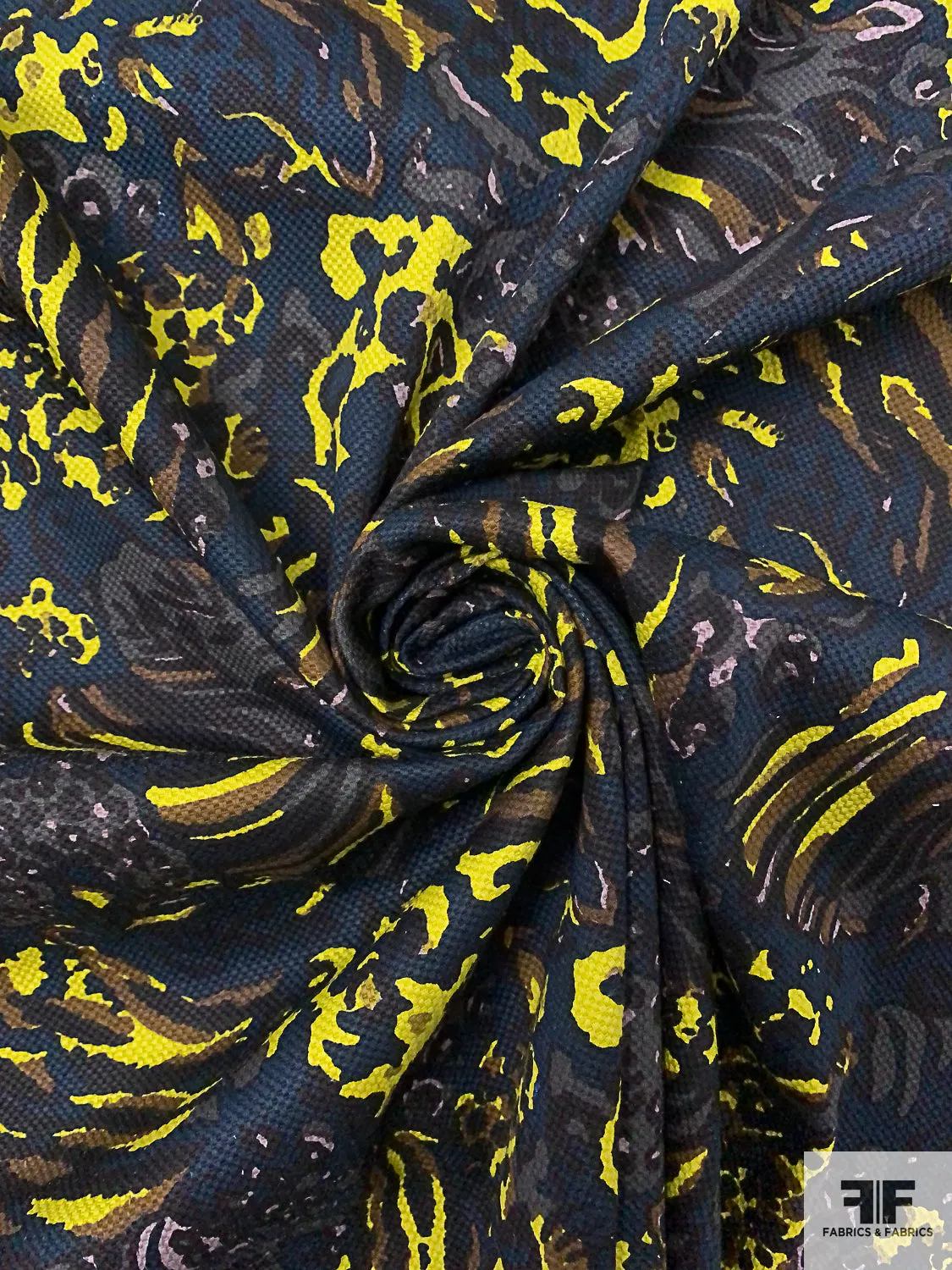 Animal Pattern Inspired Printed Stretch Cotton Pique - Navy / Chartreuse / Brown / Black