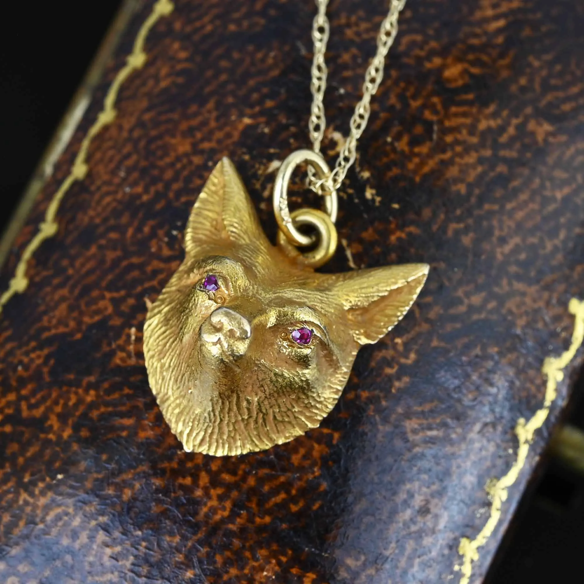 Antique 14K Gold Ruby Eye Fox Pendant Necklace