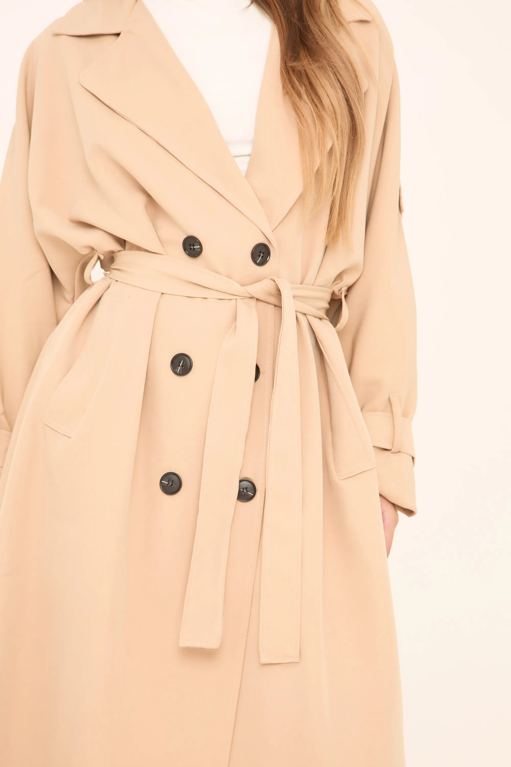 Beige Double Breasted Tie Sleeve Longline Oversized Trench Coat - Annmarie