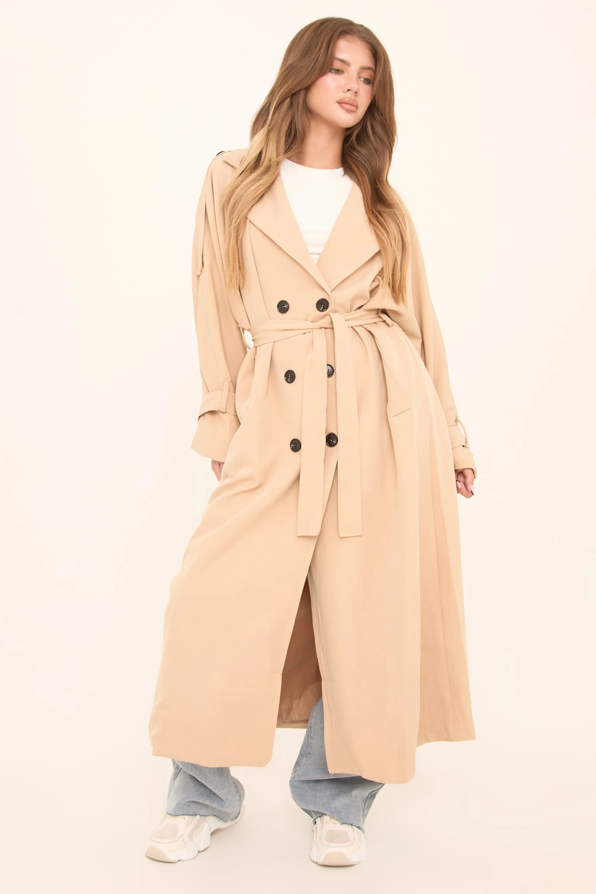 Beige Double Breasted Tie Sleeve Longline Oversized Trench Coat - Annmarie