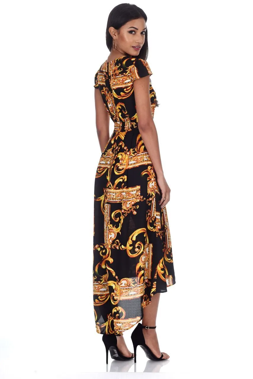 Black and Gold Patterned Wrap Over Tie Waist Belt Dress