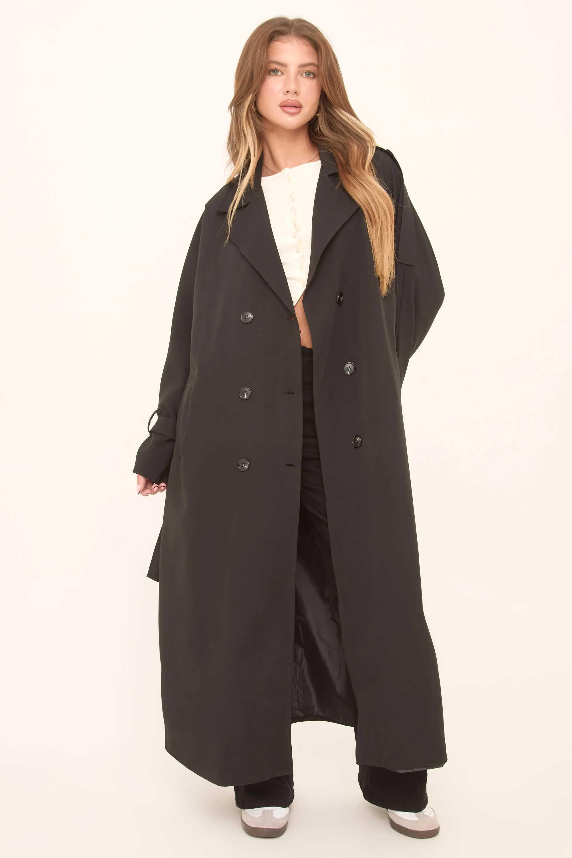 Black Double Breasted Tie Sleeve Longline Oversized Trench Coat - Annmarie