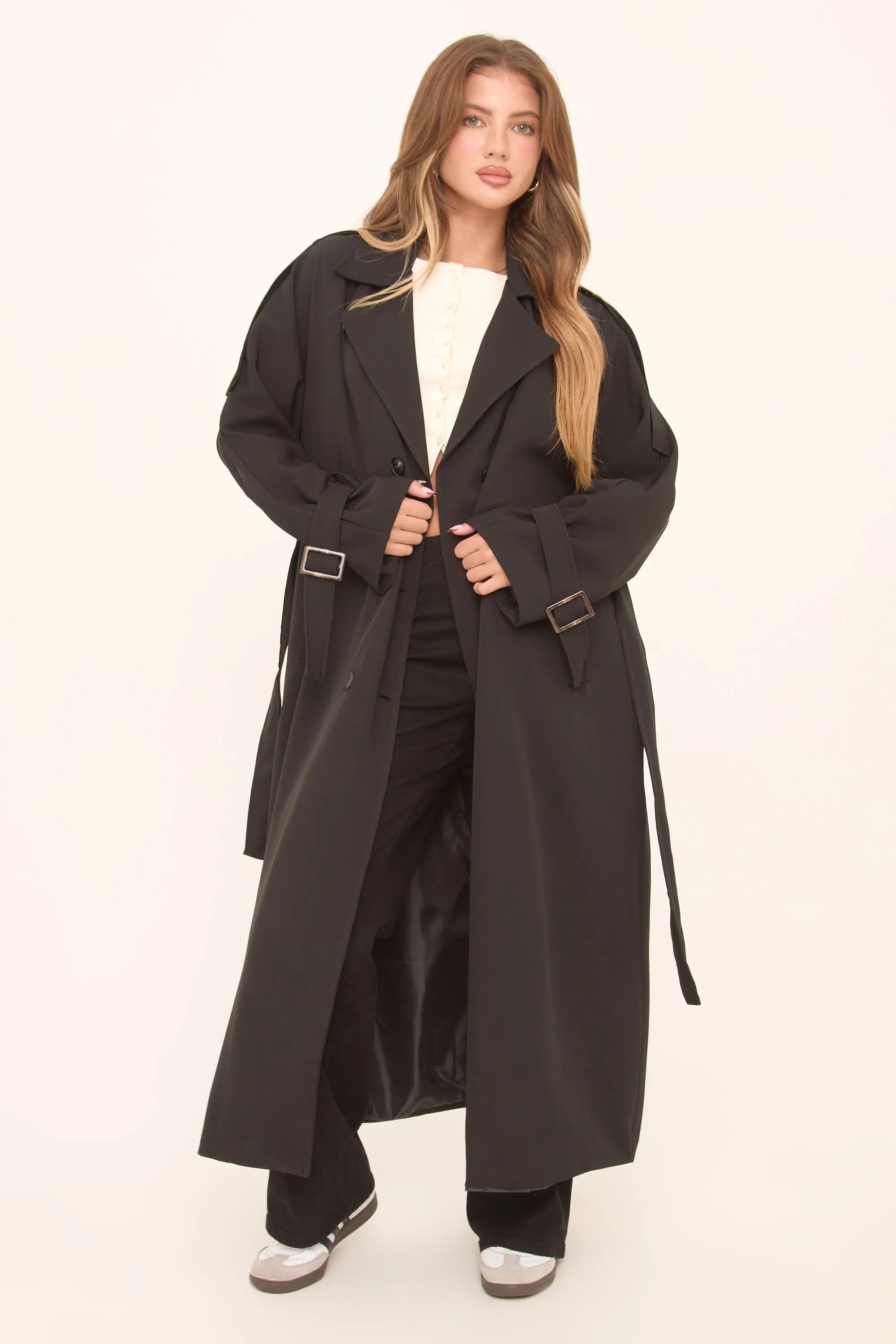 Black Double Breasted Tie Sleeve Longline Oversized Trench Coat - Annmarie