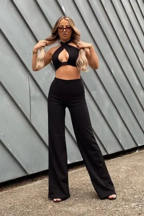 Black Halter Neck Crop Top   High Waist Flare Trouser Set - Sheri