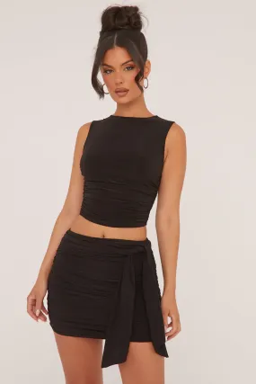 Black Ruched Sleeveless Cropped Top & Mini Skirt Co-ord Set - Hallie