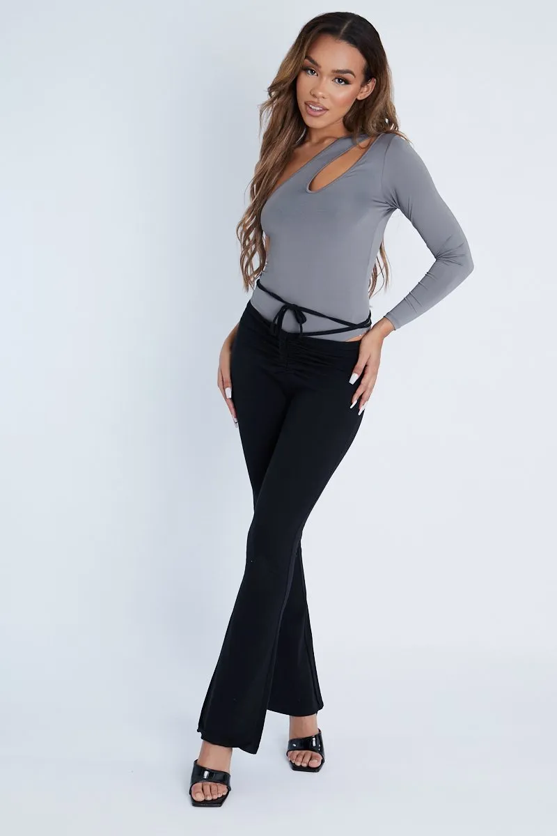 Black Ruched Waist Flare Trousers - Avanni