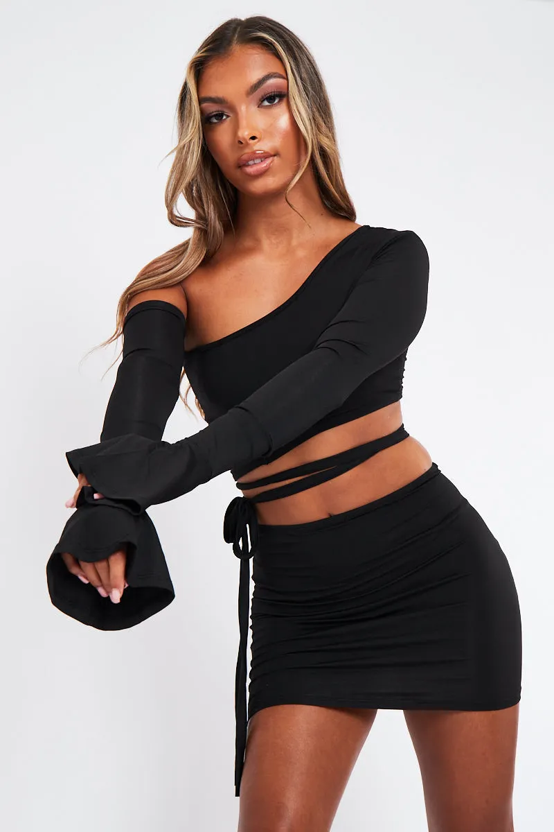 Black Tie Crop Top And Cut Out Mini Skirt Co-Ord - Cassi