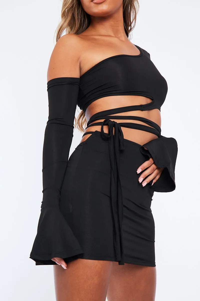 Black Tie Crop Top And Cut Out Mini Skirt Co-Ord - Cassi