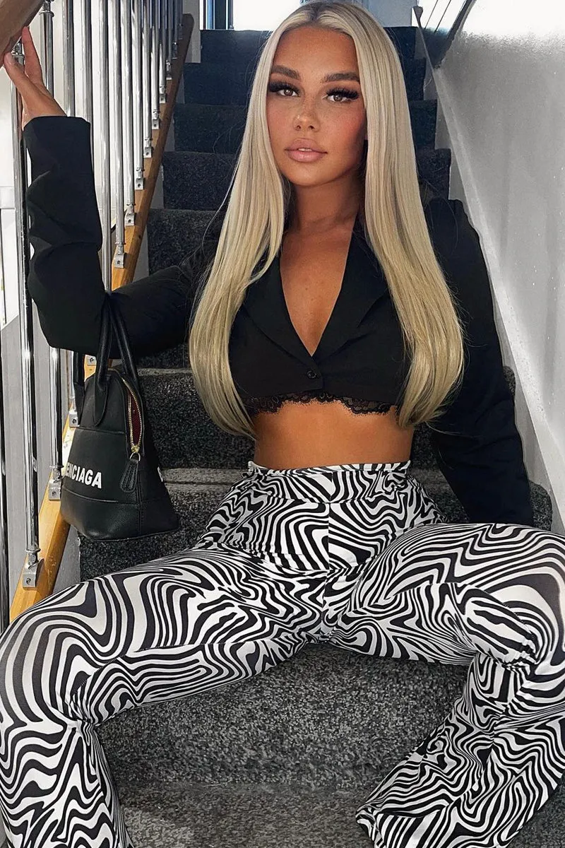 Black White Wave Print Slinky Flare Trousers  - Ila