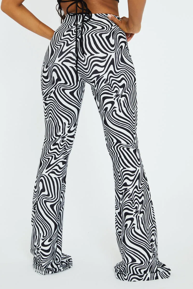 Black White Wave Print Slinky Flare Trousers  - Ila