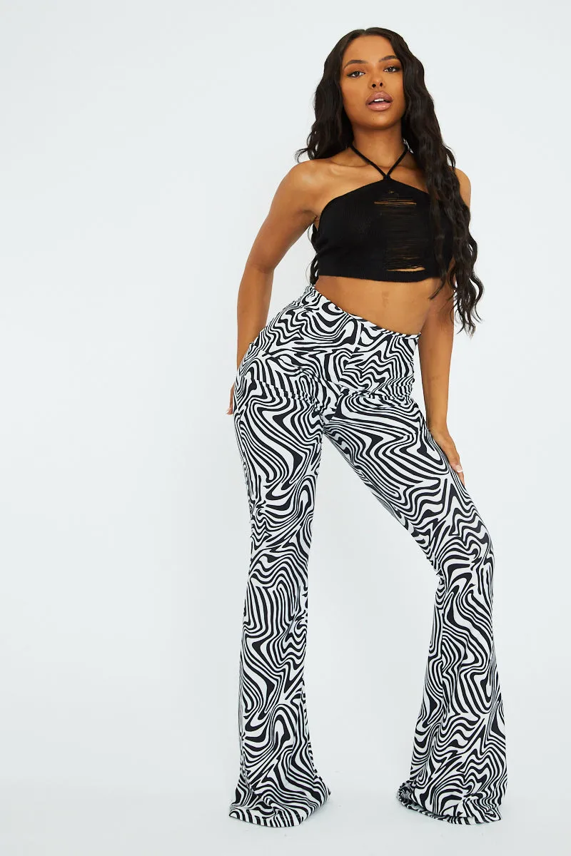 Black White Wave Print Slinky Flare Trousers  - Ila