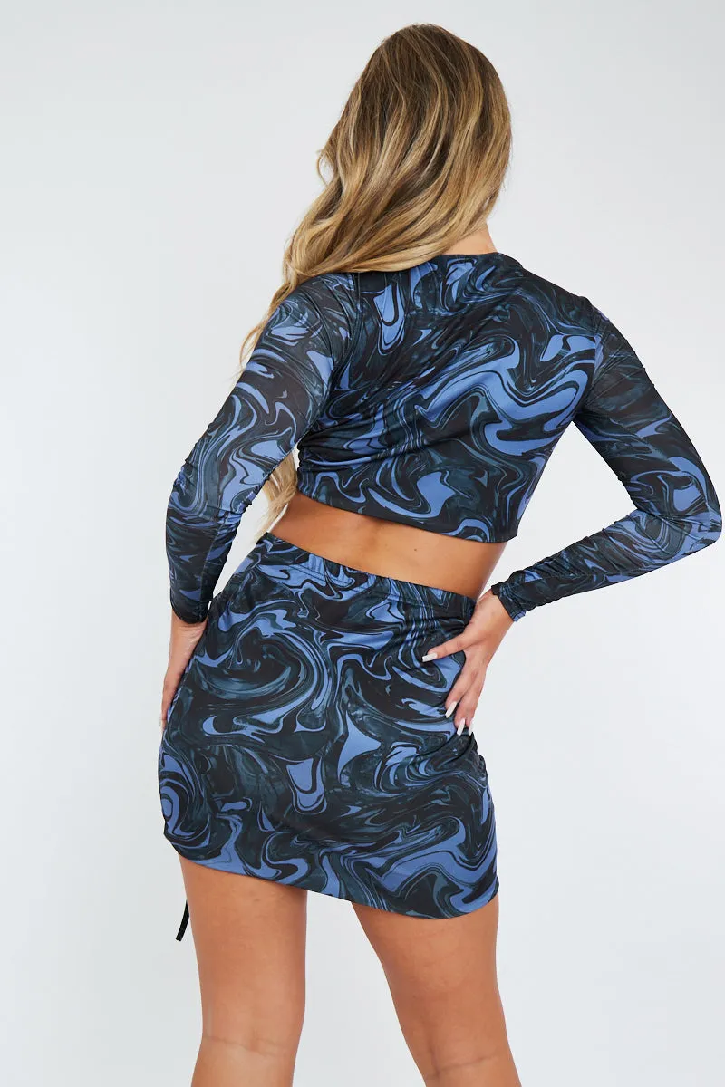 Blue Marble Print Mini Skirt & Crop Top Co-Ord - Kylin