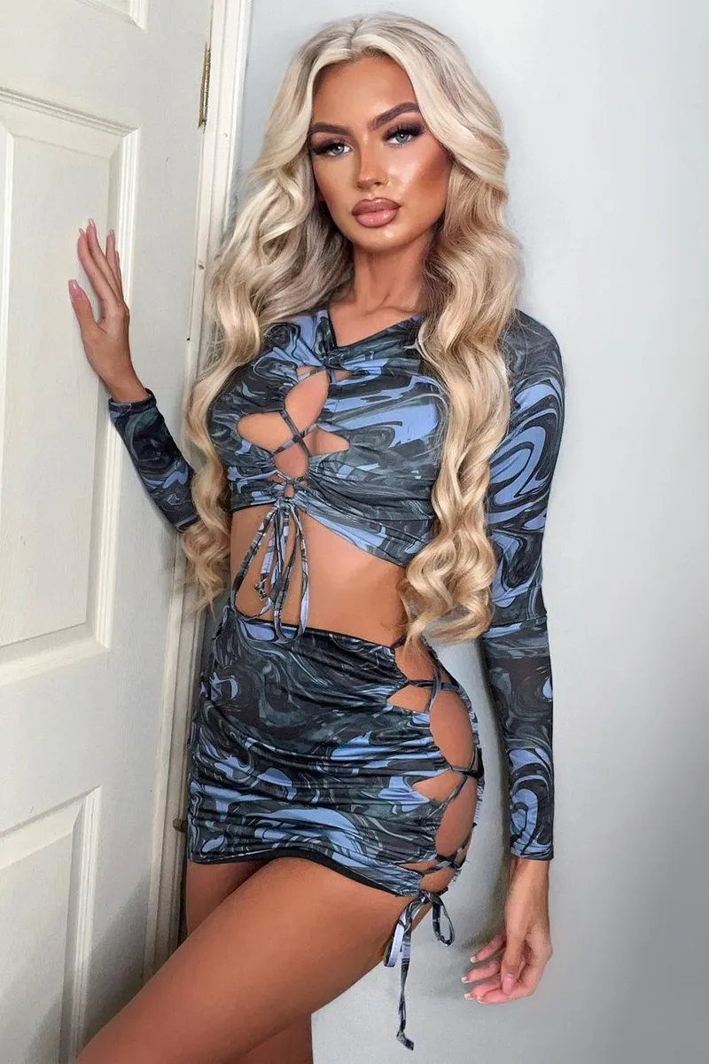 Blue Marble Print Mini Skirt & Crop Top Co-Ord - Kylin