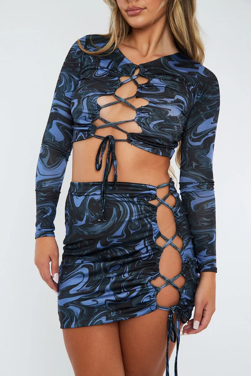 Blue Marble Print Mini Skirt & Crop Top Co-Ord - Kylin