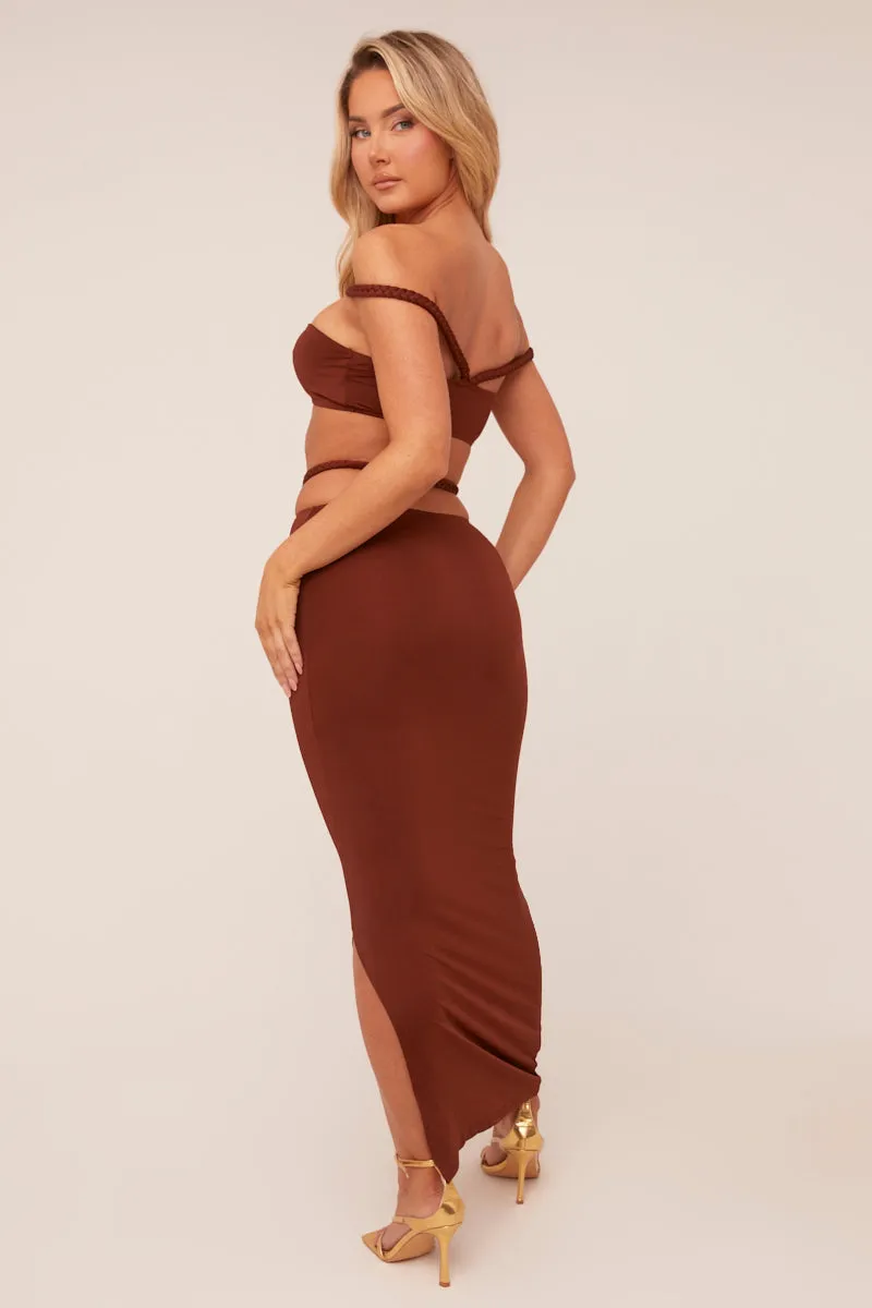 Brown Bardot Cropped Top & Maxi Skirt Co-ord Set - Constance