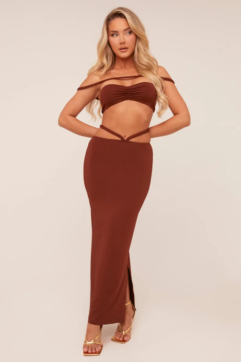 Brown Bardot Cropped Top & Maxi Skirt Co-ord Set - Constance