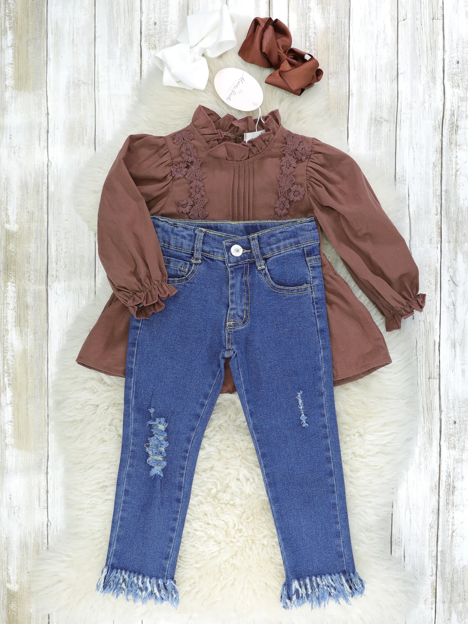 Brown Vintage Mock Neck Top & Distressed Denim Outfit