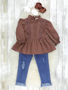 Brown Vintage Mock Neck Top & Distressed Denim Outfit