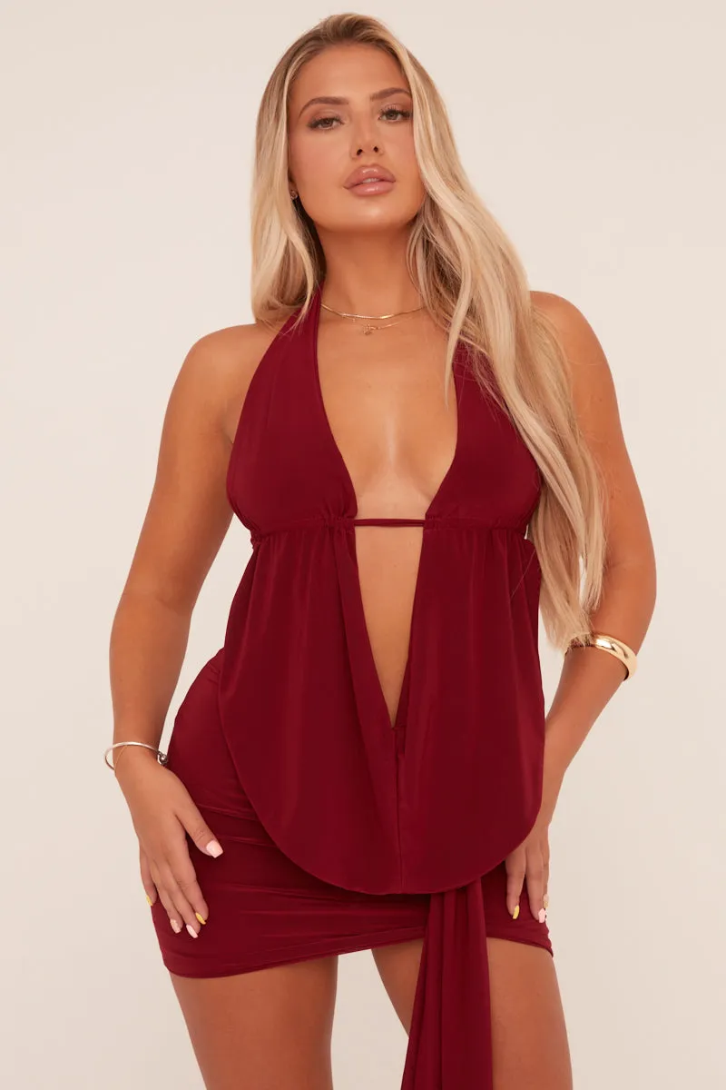 Burgundy Plunge Neck Cowl Detail Top & Mini Skirt Co-ord Set - Lama