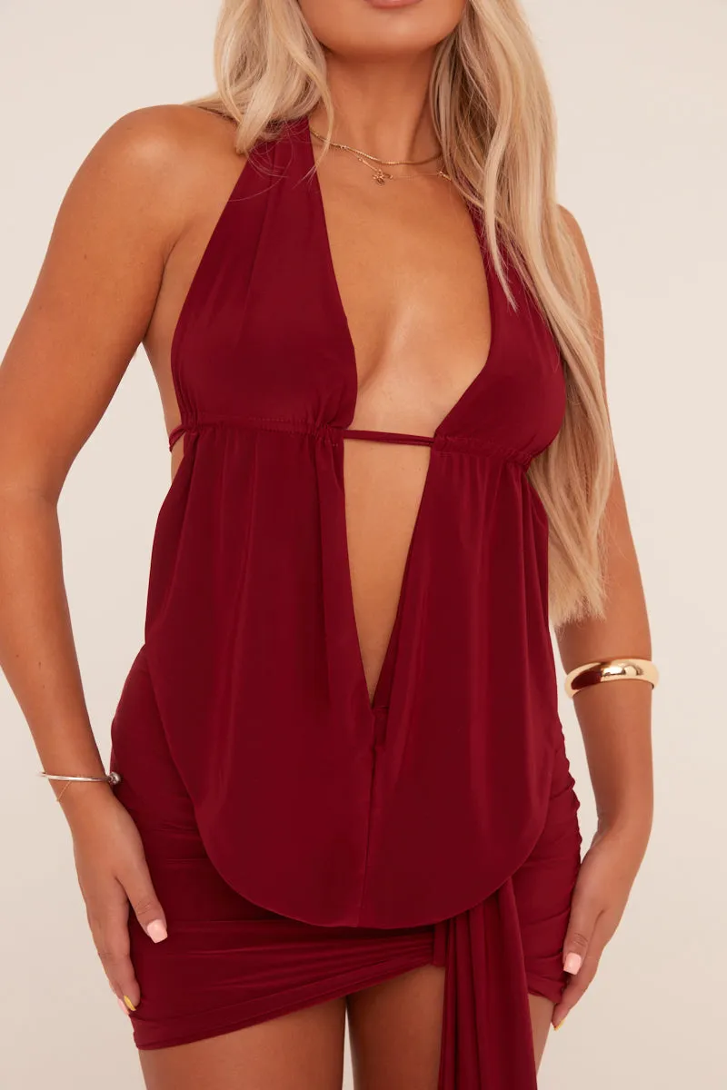 Burgundy Plunge Neck Cowl Detail Top & Mini Skirt Co-ord Set - Lama